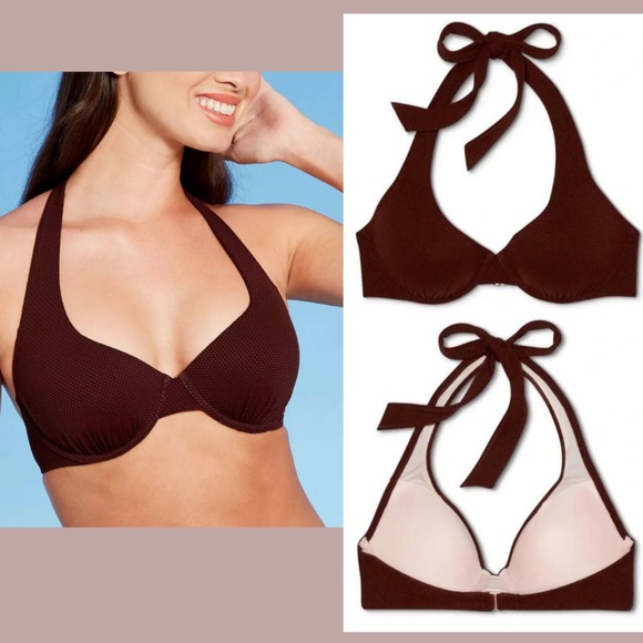 NWT Shade & Shore [ 36B ] Lift Pique Textured Halter Bikini Top Brown‎ - Picture 1 of 12